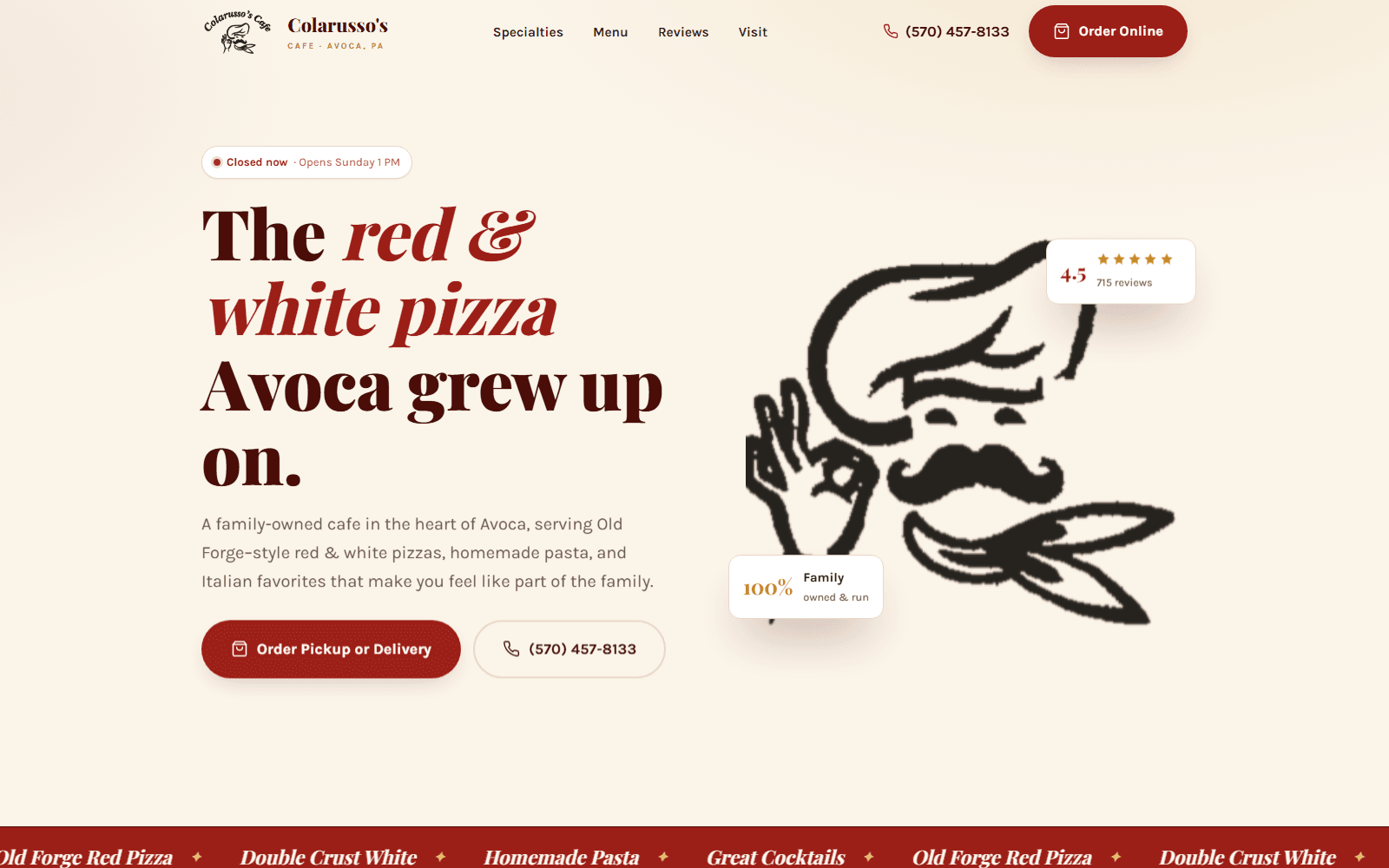 Screenshot of the Colarusso's Cafe website