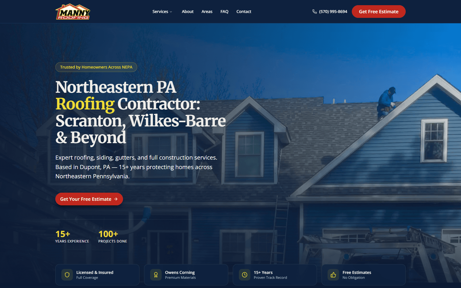 Screenshot of the Manny Roofing Construction website